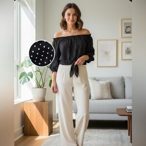 Poly & Esther Black 3/4  Sleeve Blouse Hearts Off The Shoulder Crop Top  SM/MED